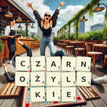 Kreatywna ilustracja do gry w Scrabble ze słowem CZARNOŻYLSKIE ułożonym z płytek na planszy.