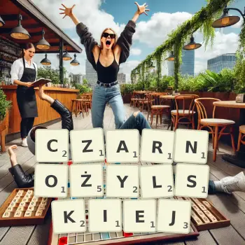 Kreatywna ilustracja do gry w Scrabble ze słowem CZARNOŻYLSKIEJ ułożonym z płytek na planszy.
