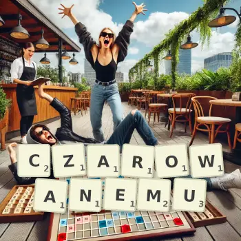 Kreatywna ilustracja do gry w Scrabble ze słowem CZAROWANEMU ułożonym z płytek na planszy.