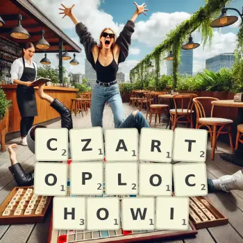 Kreatywna ilustracja do gry w Scrabble ze słowem CZARTOPLOCHOWI ułożonym z płytek na planszy.