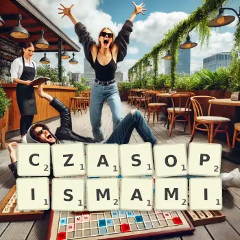 Kreatywna ilustracja do gry w Scrabble ze słowem CZASOPISMAMI ułożonym z płytek na planszy.