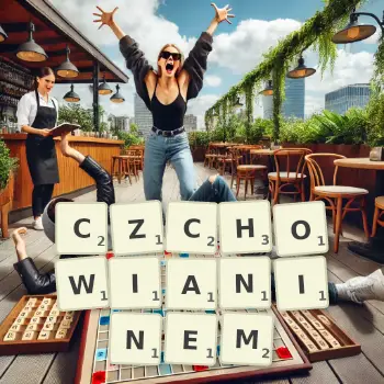 Kreatywna ilustracja do gry w Scrabble ze słowem CZCHOWIANINEM ułożonym z płytek na planszy.