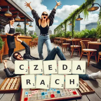 Kreatywna ilustracja do gry w Scrabble ze słowem CZEDARACH ułożonym z płytek na planszy.