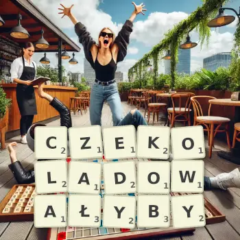 Kreatywna ilustracja do gry w Scrabble ze słowem CZEKOLADOWAŁYBY ułożonym z płytek na planszy.