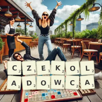 Kreatywna ilustracja do gry w Scrabble ze słowem CZEKOLADOWCA ułożonym z płytek na planszy.