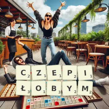 Kreatywna ilustracja do gry w Scrabble ze słowem CZEPIŁOBYM ułożonym z płytek na planszy.