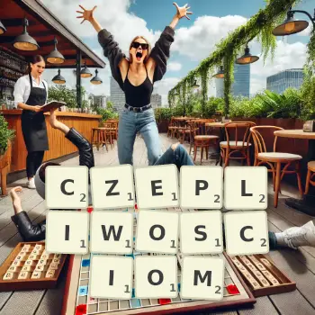 Kreatywna ilustracja do gry w Scrabble ze słowem CZEPLIWOSCIOM ułożonym z płytek na planszy.