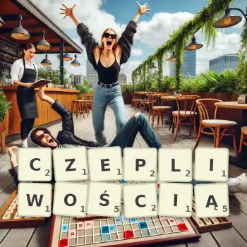 Kreatywna ilustracja do gry w Scrabble ze słowem CZEPLIWOŚCIĄ ułożonym z płytek na planszy.