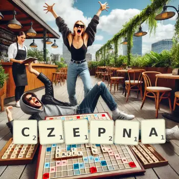 Kreatywna ilustracja do gry w Scrabble ze słowem CZEPNA ułożonym z płytek na planszy.