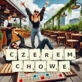 Kreatywna ilustracja do gry w Scrabble ze słowem CZEREMCHOWE ułożonym z płytek na planszy.