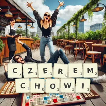 Kreatywna ilustracja do gry w Scrabble ze słowem CZEREMCHOWI ułożonym z płytek na planszy.