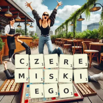 Kreatywna ilustracja do gry w Scrabble ze słowem CZEREMISKIEGO ułożonym z płytek na planszy.