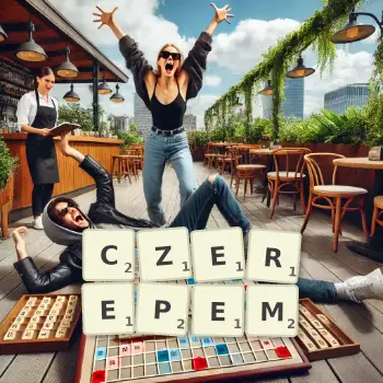 Kreatywna ilustracja do gry w Scrabble ze słowem CZEREPEM ułożonym z płytek na planszy.
