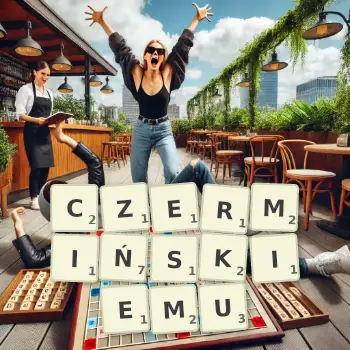 Kreatywna ilustracja do gry w Scrabble ze słowem CZERMIŃSKIEMU ułożonym z płytek na planszy.
