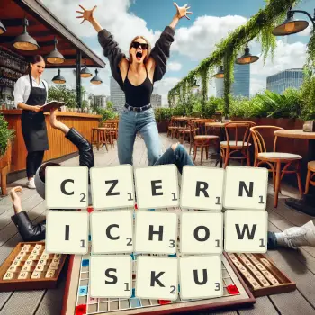 Kreatywna ilustracja do gry w Scrabble ze słowem CZERNICHOWSKU ułożonym z płytek na planszy.