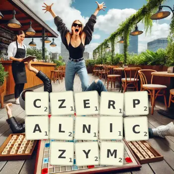 Kreatywna ilustracja do gry w Scrabble ze słowem CZERPALNICZYM ułożonym z płytek na planszy.