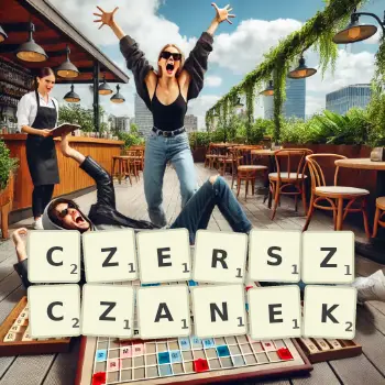 Kreatywna ilustracja do gry w Scrabble ze słowem CZERSZCZANEK ułożonym z płytek na planszy.