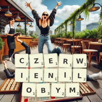 Kreatywna ilustracja do gry w Scrabble ze słowem CZERWIENILOBYM ułożonym z płytek na planszy.