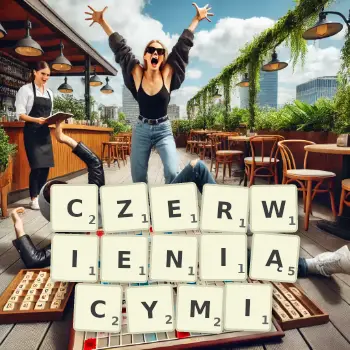 Kreatywna ilustracja do gry w Scrabble ze słowem CZERWIENIĄCYMI ułożonym z płytek na planszy.