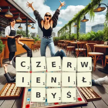 Kreatywna ilustracja do gry w Scrabble ze słowem CZERWIENIŁBYŚ ułożonym z płytek na planszy.