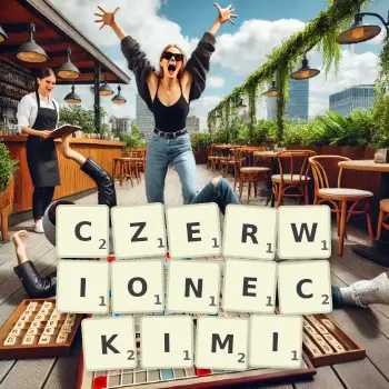 Kreatywna ilustracja do gry w Scrabble ze słowem CZERWIONECKIMI ułożonym z płytek na planszy.
