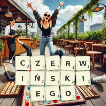 Kreatywna ilustracja do gry w Scrabble ze słowem CZERWIŃSKIEGO ułożonym z płytek na planszy.