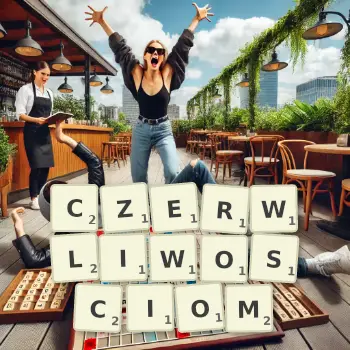 Kreatywna ilustracja do gry w Scrabble ze słowem CZERWLIWOSCIOM ułożonym z płytek na planszy.