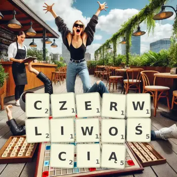 Kreatywna ilustracja do gry w Scrabble ze słowem CZERWLIWOŚCIĄ ułożonym z płytek na planszy.