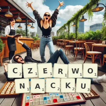 Kreatywna ilustracja do gry w Scrabble ze słowem CZERWONACKU ułożonym z płytek na planszy.