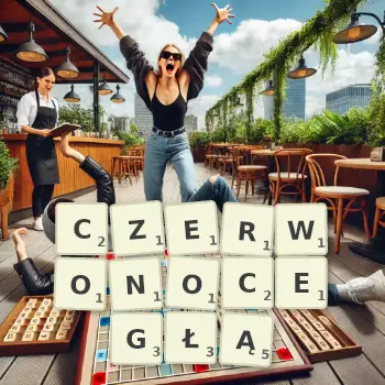 Kreatywna ilustracja do gry w Scrabble ze słowem CZERWONOCEGŁĄ ułożonym z płytek na planszy.