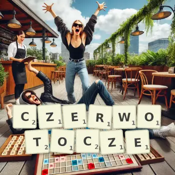 Kreatywna ilustracja do gry w Scrabble ze słowem CZERWOTOCZE ułożonym z płytek na planszy.