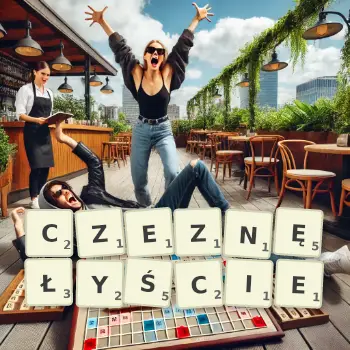 Kreatywna ilustracja do gry w Scrabble ze słowem CZEZNĘŁYŚCIE ułożonym z płytek na planszy.