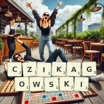 Kreatywna ilustracja do gry w Scrabble ze słowem CZIKAGOWSKI ułożonym z płytek na planszy.