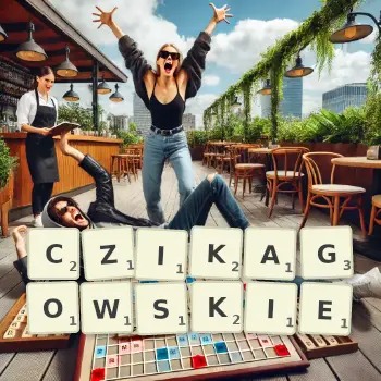 Kreatywna ilustracja do gry w Scrabble ze słowem CZIKAGOWSKIE ułożonym z płytek na planszy.