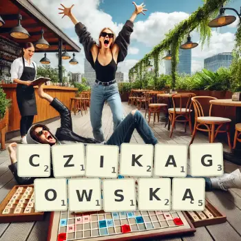 Kreatywna ilustracja do gry w Scrabble ze słowem CZIKAGOWSKĄ ułożonym z płytek na planszy.