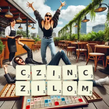 Kreatywna ilustracja do gry w Scrabble ze słowem CZINCZILOM ułożonym z płytek na planszy.