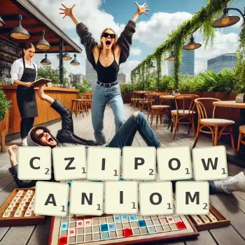 Kreatywna ilustracja do gry w Scrabble ze słowem CZIPOWANIOM ułożonym z płytek na planszy.