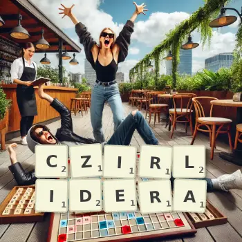 Kreatywna ilustracja do gry w Scrabble ze słowem CZIRLIDERA ułożonym z płytek na planszy.