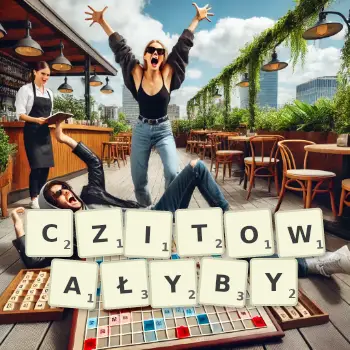 Kreatywna ilustracja do gry w Scrabble ze słowem CZITOWAŁYBY ułożonym z płytek na planszy.