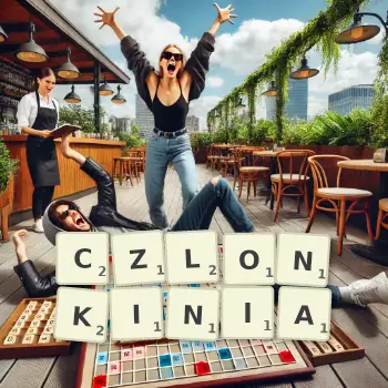 Kreatywna ilustracja do gry w Scrabble ze słowem CZLONKINIA ułożonym z płytek na planszy.