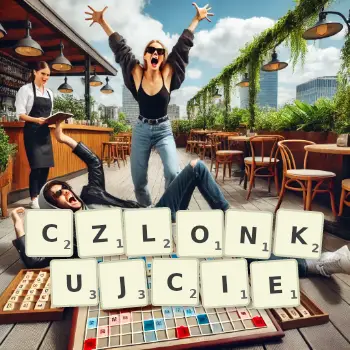 Kreatywna ilustracja do gry w Scrabble ze słowem CZLONKUJCIE ułożonym z płytek na planszy.