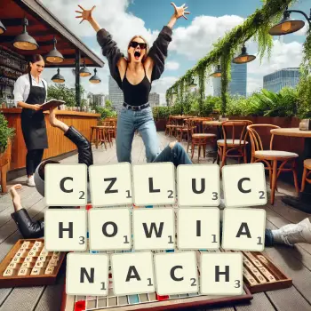 Kreatywna ilustracja do gry w Scrabble ze słowem CZLUCHOWIANACH ułożonym z płytek na planszy.