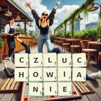 Kreatywna ilustracja do gry w Scrabble ze słowem CZLUCHOWIANIE ułożonym z płytek na planszy.