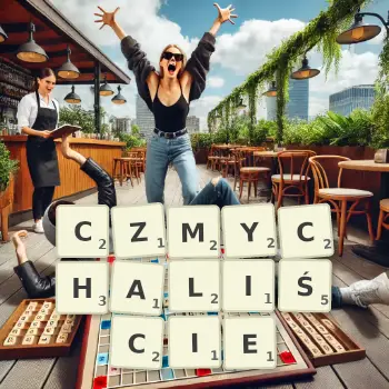 Kreatywna ilustracja do gry w Scrabble ze słowem CZMYCHALIŚCIE ułożonym z płytek na planszy.