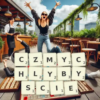 Kreatywna ilustracja do gry w Scrabble ze słowem CZMYCHLYBYSCIE ułożonym z płytek na planszy.