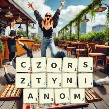 Kreatywna ilustracja do gry w Scrabble ze słowem CZORSZTYNIANOM ułożonym z płytek na planszy.