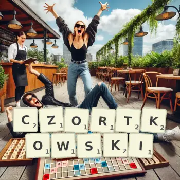 Kreatywna ilustracja do gry w Scrabble ze słowem CZORTKOWSKI ułożonym z płytek na planszy.
