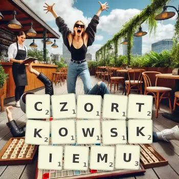 Kreatywna ilustracja do gry w Scrabble ze słowem CZORTKOWSKIEMU ułożonym z płytek na planszy.