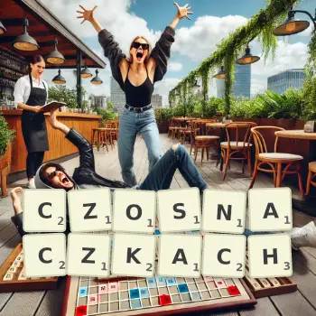Kreatywna ilustracja do gry w Scrabble ze słowem CZOSNACZKACH ułożonym z płytek na planszy.