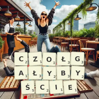 Kreatywna ilustracja do gry w Scrabble ze słowem CZOŁGAŁYBYŚCIE ułożonym z płytek na planszy.